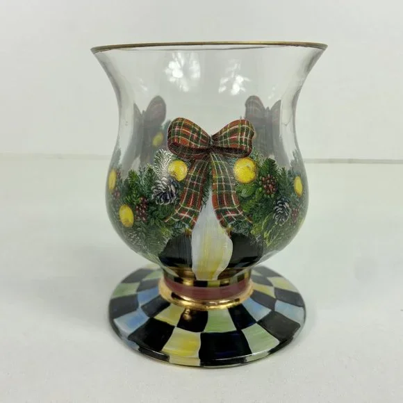Mackenzie-Childs Evergreen Painted Glass Water Goblet Footed Dessert Christmas - Picture 1 of 7